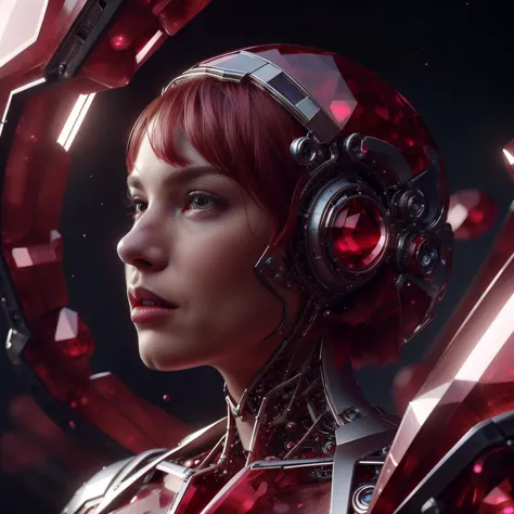 a woman in a futuristic suit with headphones and a futuristic helmet