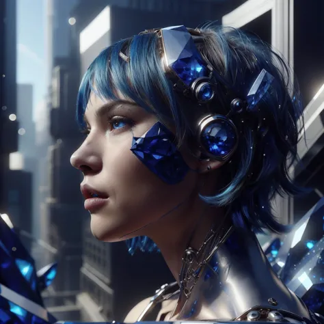 <lora:GemTech-22:1>, gemtech , scifi, elegant , inner details , internal reflections , (sapphire,),  cyberpunk, 
1girl, bob cut, blue hair,