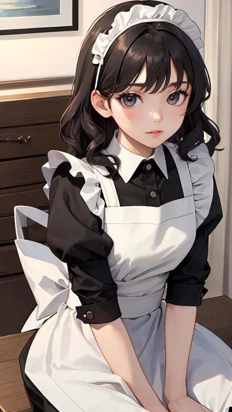 (masterpiece, best quality:1.2), looking at viewer, wavy hair, (bright skin:1.2), {indoors|outdoors}, {day|night}, {upper body|cowboy shot}, grey eyes, 
black hair, maid, sitting,