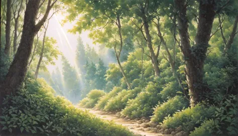 painting of a path in a forest with sun shining through the trees