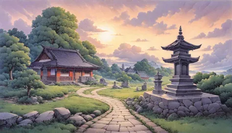 a painting of a pagoda and a stone path in a park