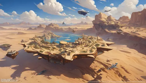 a painting of a desert with a small island in the middle