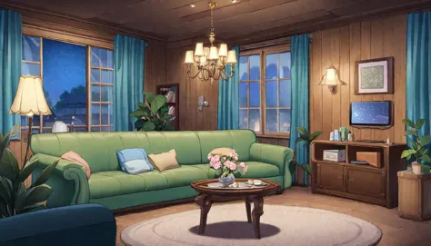 there is a green couch in a living room with a chandelier