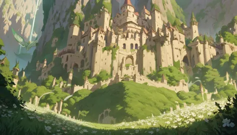 a close up of a castle in a mountain with a sky background