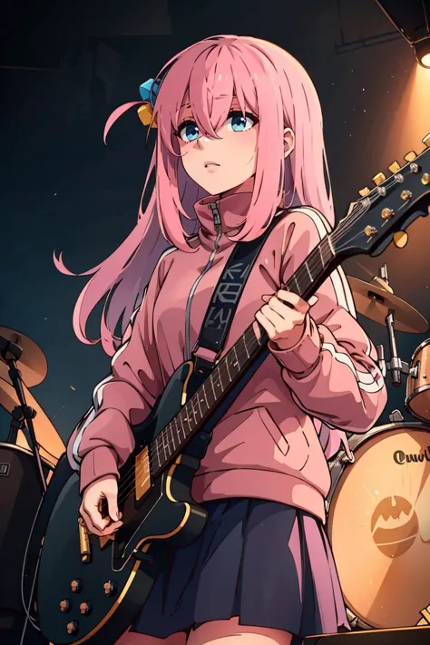 ((obra de arte,melhor qualidade)), gotou1, gotou hitori, Sozinho, saia, jaqueta rosa, Jaqueta de treino, franja, cabelo entre os olhos, mangas compridas, estágio, instrumento de retenção, guitarra,