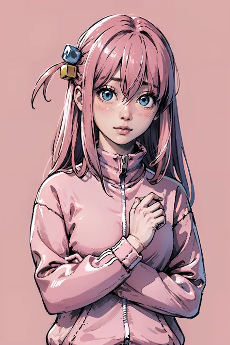 a drawing of a girl with pink hair and a pink jacket