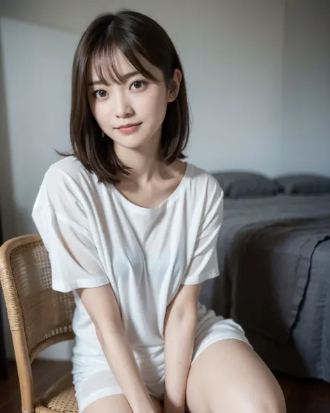 best quality, face focus, soft light, (depth of field) ,ultra high res, (photorealistic:1.4), RAW photo, (moody lighting, night:1.2), bedroom,
(portrait:1.4)
1japanese girl, solo, cute, kawaii, (shy, smile:1.1), (brown eyes), natural face, (midi hair),
(sit on gray linen chair)
BREAK
(white thin naked oversize t-shirt:1.2)
<lora:satsuki_MK10:0.3> <lora:uduki_MK05mix:0.4>