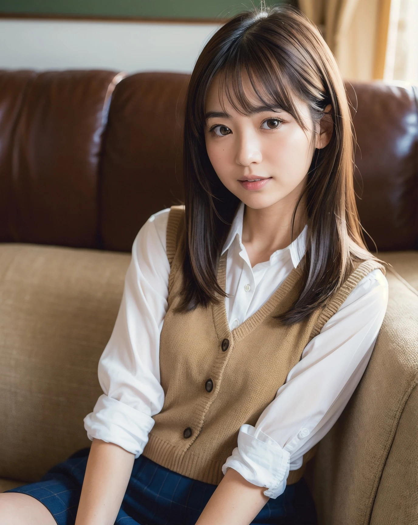best quality, face focus, soft light, ultra high res, (photorealistic:1.4), RAW photo,
1japanese girl, solo, cute, (shy smile:0.5), (brown eyes, lights in the eyes),  detailed beautiful face, (small chest),(high resolution detail of human skin texture),
(long hair),
sit couch,
, vest, skirt