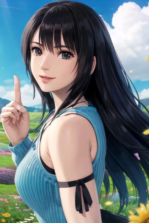 1girl, solo, masterpiece, best quality, rinoa, blue duster, blue wristbands, upper body, portrait, smile, from side, right finger pointing to sky, flower field,