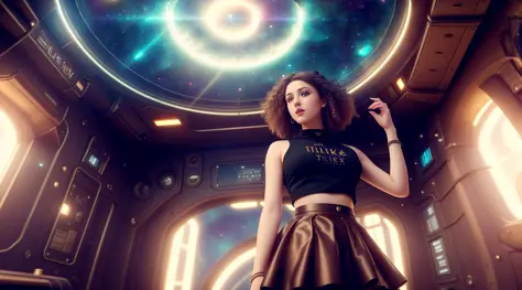 tiktok girl, (full_body_shot:1.3) (lying:1.2) brown_hairs , curls , victorian era , brown microskirt, crop top , in a space ship...