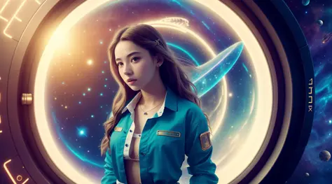 tiktok girl, (full_body_shot:1.3) (walking:1.2) brown hair, , wavy hair , (Ming:0.9) dynasty , blue (open shirt) , in a space ship , jewelry, (full_body:1.4), (realistic:1.4), masterpiece, high quality, realistic lighting, center of frame, 8k, hdr, amateur, (freckles:0.8) , photography, amateur