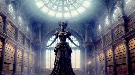 (spooky) photography of arcane magical (library), abandoned intricate detail, many levels, (horror), dusty. ((statue)) (((female...