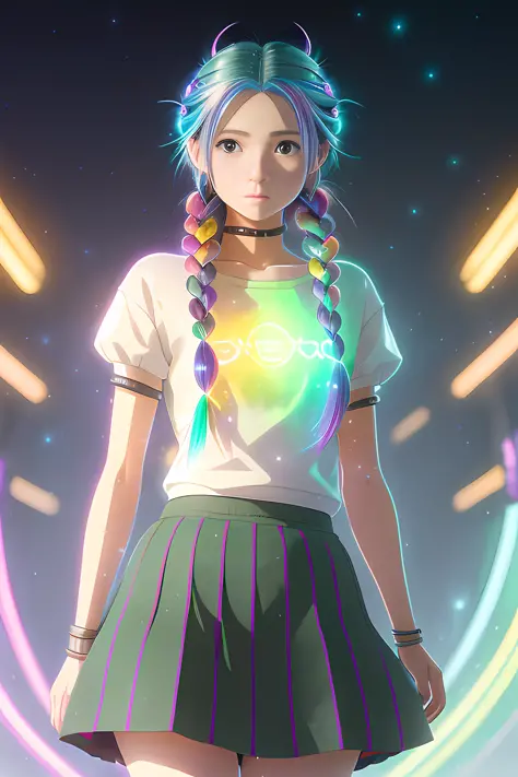 masterpiece, (studio ghibli:0.9), Beautiful glowing 18 year old woman on a snowy winter night, depth of field, (rainbow coloured hair twirling and braids), (Greg Rutkowski:1.1) anime, pixar (neon galaxies background:1.1) (trendy sexy skirt:0.9),