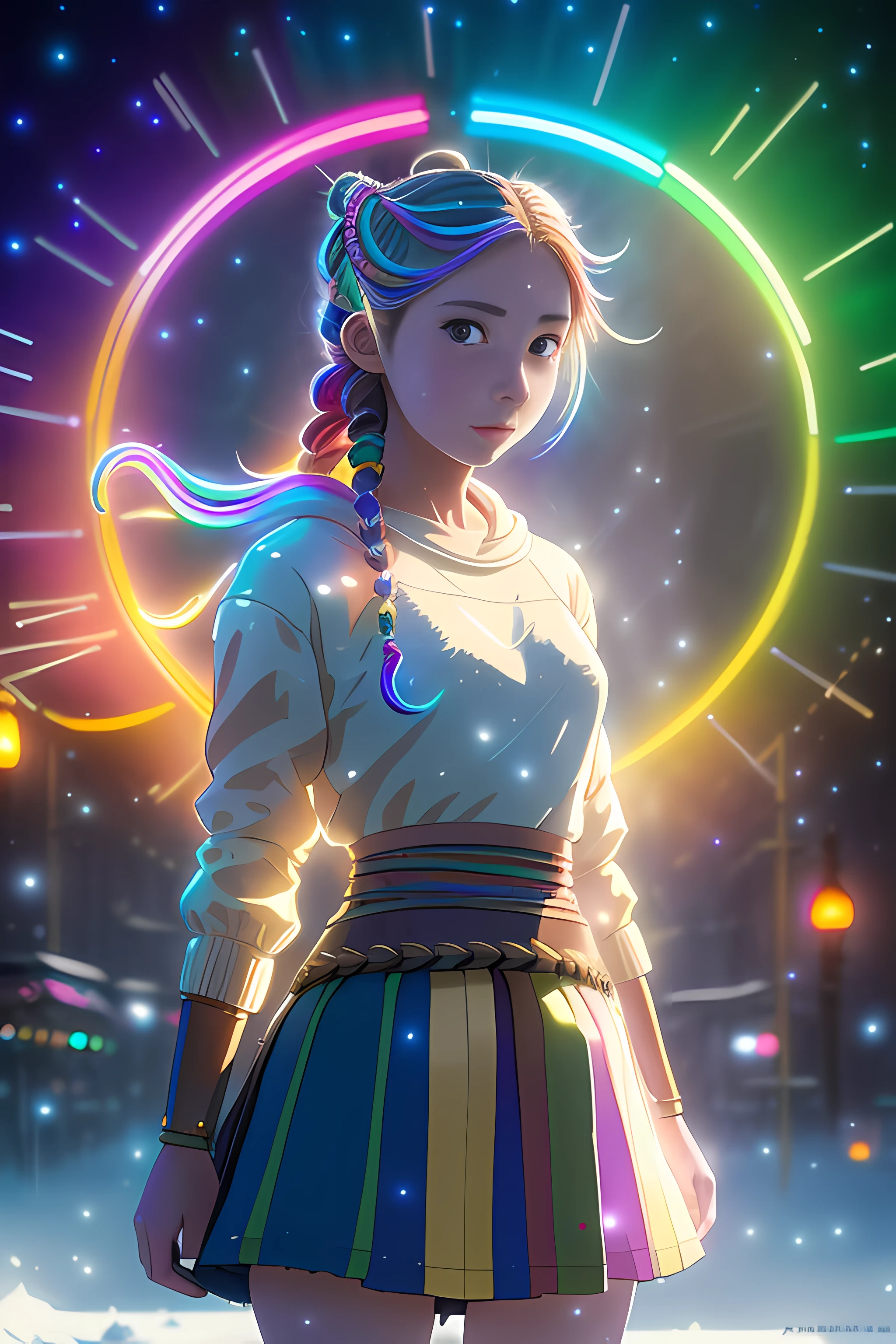 Obra de arte, (Estúdio Ghibli:0.9), Linda garota brilhante em uma noite de inverno nevado, profundidade de campo, (cabelo colorido do arco-íris enrolado e tranças), (Greg Rutkowski:1.3) anime (fundo de galáxias de néon:1.1) (saia sexy na moda:0.9),