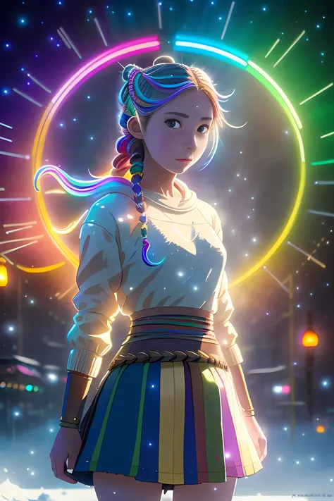 masterpiece, (studio ghibli:0.9), Beautiful glowing girl on a snowy winter night, depth of field, (rainbow coloured hair twirling and braids), (Greg Rutkowski:1.3) anime (neon galaxies background:1.1) (trendy sexy skirt:0.9),