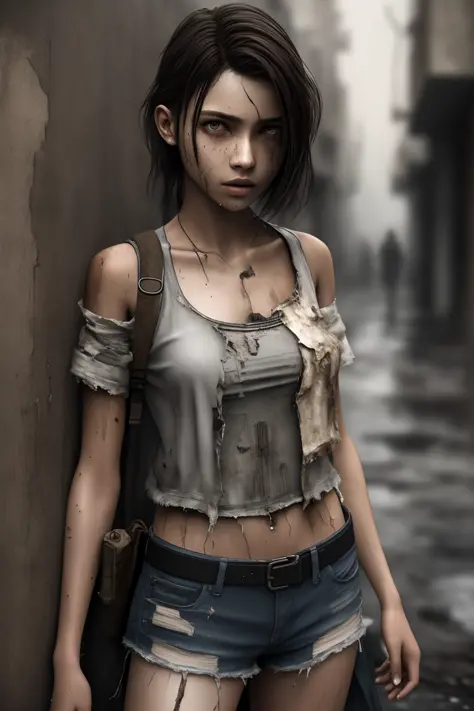masterpiece, sharp focus, 8k, realistic, highly detailed, modelshoot style ((postapocalypse)) young woman leaning against the wa...