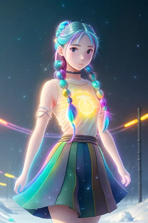 masterpiece, (studio ghibli:0.9), Beautiful glowing girl on a snowy winter night, depth of field, (rainbow coloured hair twirlin...