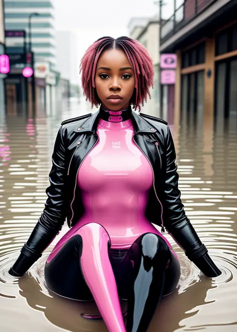 a black woman in a pink outfit sitting in a flooded street with her legs crossed and her hand on her hip, Elke Vogelsang, wet, c...
