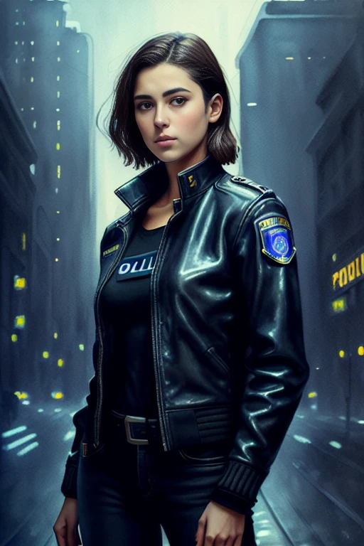 Retrato de una hermosa modelo femenina, georgia fowler, hermoso rostro, con cabello castaño oscuro corto, en la ciudad cyberpunk de noche. Ella lleva una chaqueta de cuero.,  jeans negros, iluminación dramática, estilo acuarela
, (placa de policía:1.2)
, ("Pablo Cézanne":1.2)