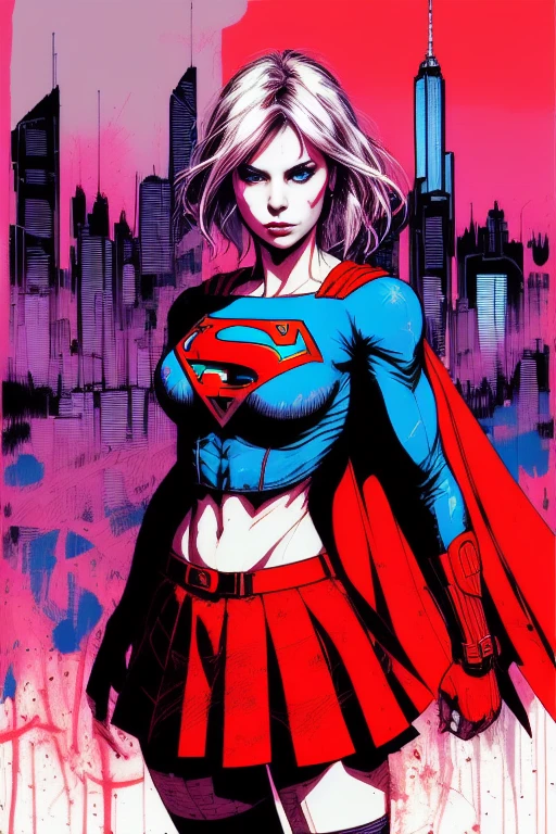 Retrato de supergirl en cyberpunk, falda roja, Ciudad y edificios en el fondo,, "Carne Griffiths"