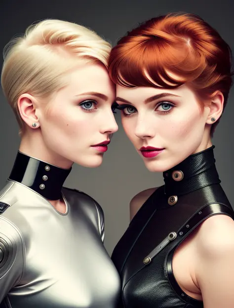 MODELSHOOT STYLE
DREAMLIKEART
ANALOG STYLE
CYBORGDIFFUSION
(two womans) 30s (freckles:0.8), wavy redhead 1950s styled and blonde with pixie cut, kissing, lips, smile, sensual,  photograph hairstyle pixie, black unbuttoned blouse, highly detailed face, sharp focus, bright eyes
