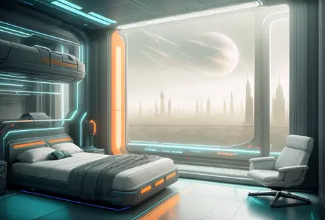 a gorgeous sci - fi bedroom matte painting by john harris, sparth and greg rutkowski. sharp edges, tiffany blue, grey orange, white and golden. sci - fi bedroom in a space base, outside the windows a future city skyline, light effect. ultra clear detailed, 3 d, octane render. 8 k