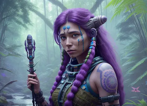 beautiful native girl with a spear, purple long hair, tattoo, electronic rifle, 50 y.o, fear, spacesuit, a spaceship overgrown w...