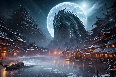 elden ring style, eastern mythology, asia, japan, iron monster Leviathan destroys ancient village, night, winter, snow, moon
art, art by artstation
cinematic, detailed, rtx, 8k, hdr