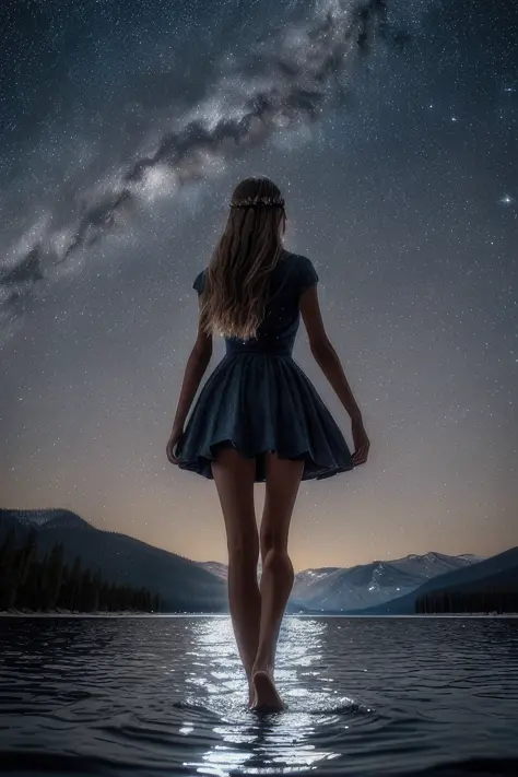 Wide shot rear angle of woman walking into the water, lit by natural moonlight. This 8k high definition picture of a starry sky ...