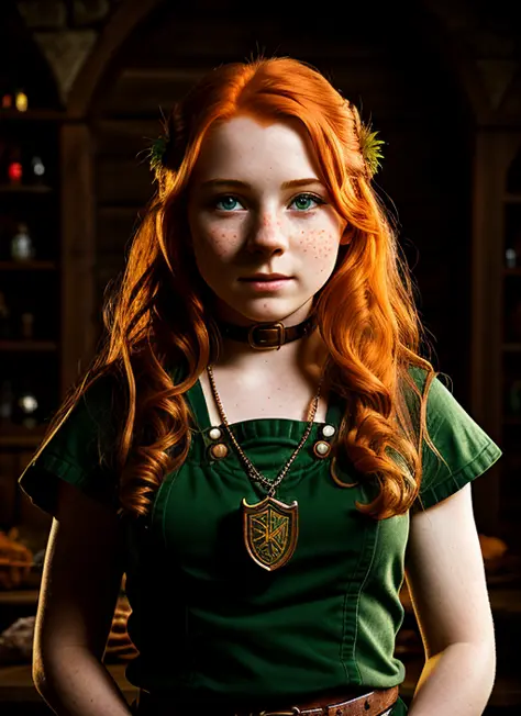 raw photo, modelshoot, portrait of 18 years old redhead halfling barmaid, freckles, shy expression, fantasy, dungeons and dragons, face details, dramatic lighting, highly detailed