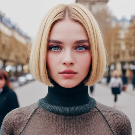 Beautiful fashion models, blonde, clear eyes, black turtleneck sweater, face view, bob haircut, portrait close up, paris street background, film, photography quality, high detail, high quality.