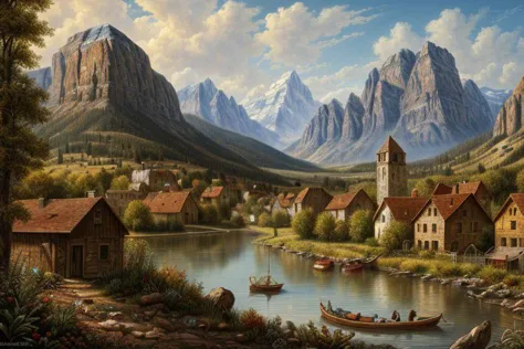 painting of a village by a lake with a mountain in the background