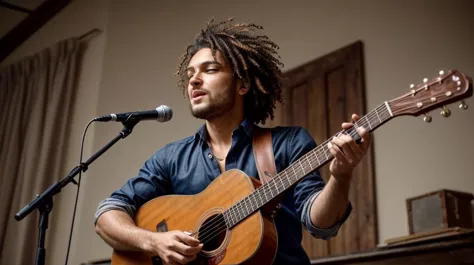 a profestional picutre of demon with Black eyes with male Curly Quiff hair hairstyle and short beard in Honey Blonde color, he is Artificer , Bardic Performance: Description: The bard stands with an instrument held close, fingers poised over strings or keys. Their posture is animated, embodying the essence of the song or tale they're about to perform. Their expression conveys a mix of passion and showmanship, ready to captivate an audience with their melodious magic. , camera angle from below and cropped legs, photorealism,unreal 5 daz,perfectly drawed hands,perfectly drawed face,perfect body,extremely detailed artgerm greg rutkowski greg,((ultrasharp)),((masterpiece)),((best quality)),((ultradetailed)),((intricated details)),ultradetailed character,detailed face,intricated face details,<lyco:GoodHands-beta2:1>,extremaly detailed background,perfectly detailed face,character focus,intricated details of face,fFaceDetail <lora:add_detail:0.7> ultra realistic,32k,RAW photo,(high detailed skin:1.2),8k uhd,dslr,soft lighting,high quality,film grain, beautiful and aesthetic,extremely detailed