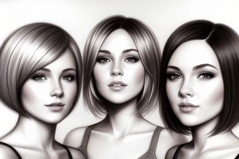 sketch charcoal, short hair,  1 girl blonde hair, 1girl  brunette hair,