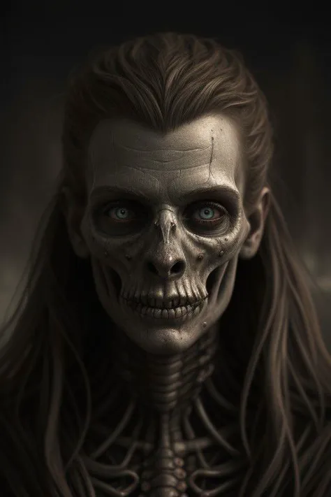 a woman with a skeleton face and long hair