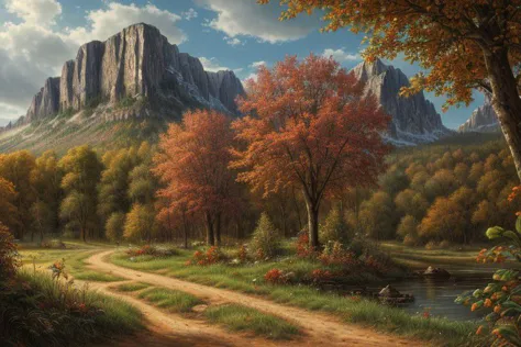 painting of a mountain scene with a dirt road and a stream