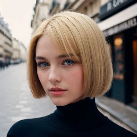 Beautiful fashion models, blonde, clear eyes, black turtleneck sweater, face view, bob haircut, portrait close up, paris street background, film, photography quality, high detail, high quality.