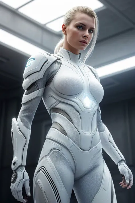 a woman in a futuristic suit standing in a room