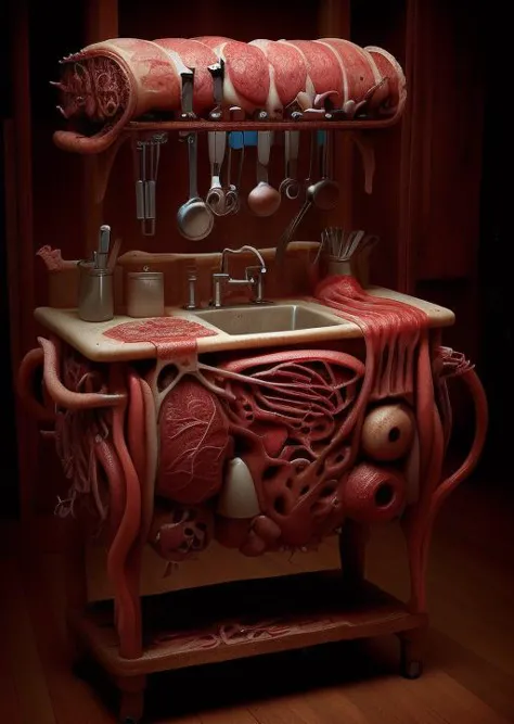 a close up of a kitchen sink with meat and utensils on it