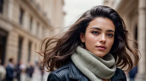 arafed woman in a scarf and leather jacket walking down a street