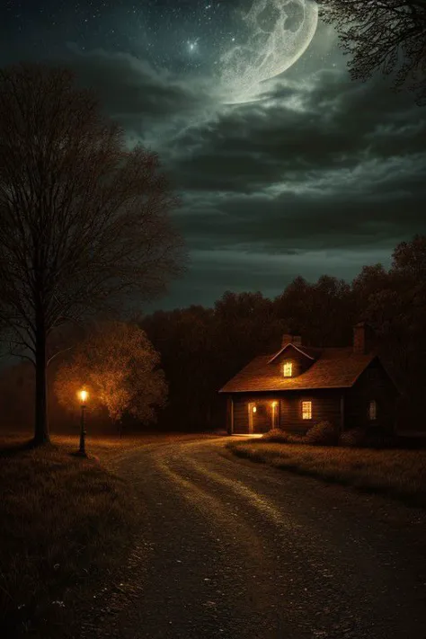 a house in the middle of a field with a full moon in the sky