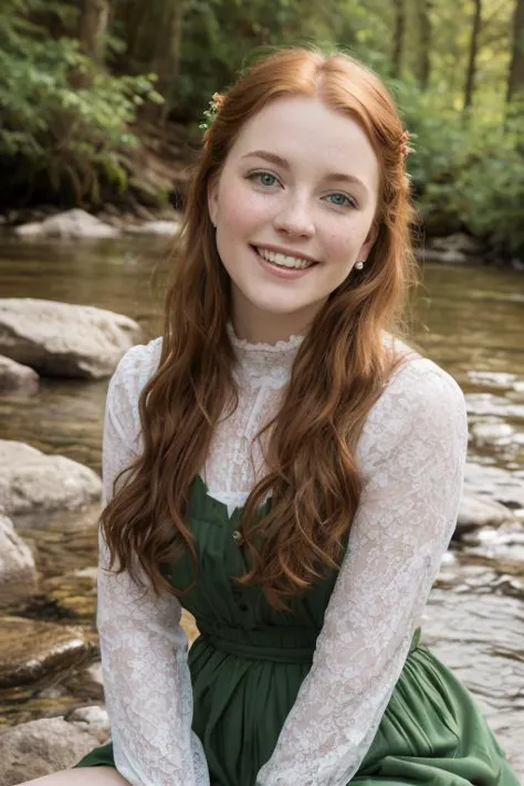 closeup, dynamic pose, a young celtic redhead woman with long hair and light eyes, joyous and smiling, sitting beside a forest stream, wearing a green-hued beautiful medieval dress, freckles on her face and skin, light rays shining through the branches above her