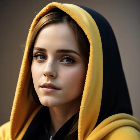 a close up of a young woman wearing a yellow hoodie