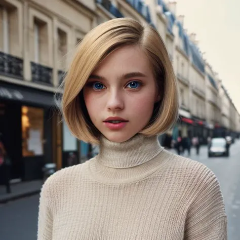 Beautiful fashion models, blonde, clear eyes, black turtleneck sweater, face view, bob haircut, portrait close up, paris street background, film, photography quality, high detail, high quality.