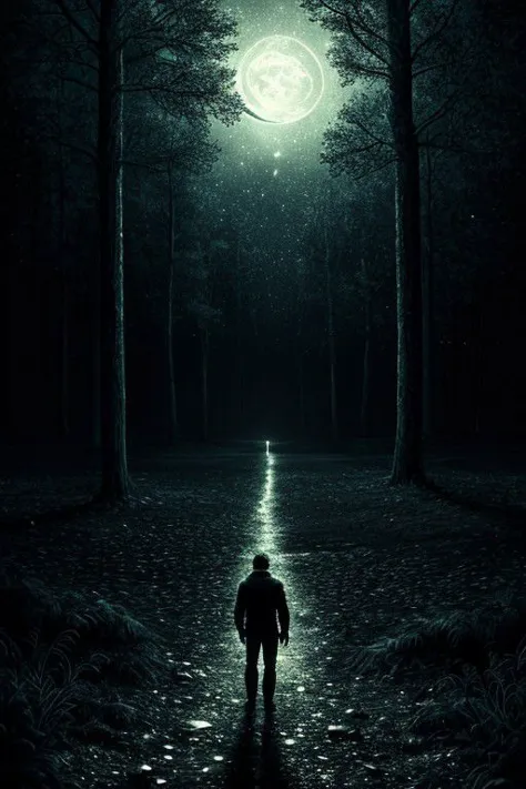 a man walking down a path in the woods at night