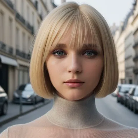 Beautiful fashion models, blonde, clear eyes, black turtleneck sweater, face view, bob haircut, portrait close up, paris street background, film, photography quality, high detail, high quality.