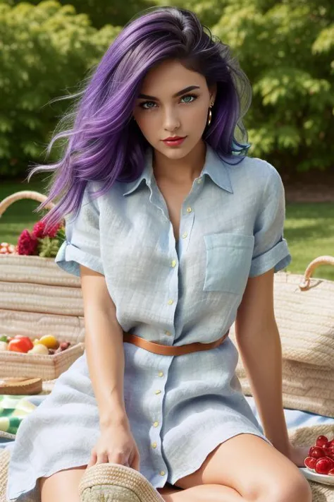 arafed woman with purple hair sitting on a blanket in a park