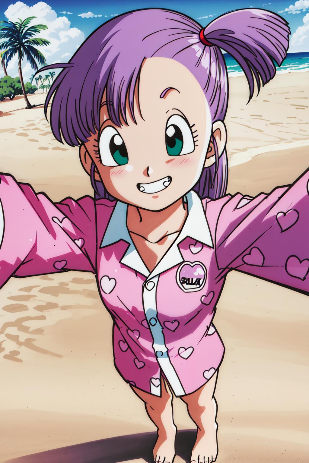 Anime girl with purple hair and pink shirt on the beach - SeaArt AI