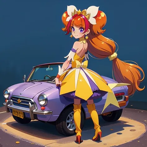 a close up of a cartoon character standing next to a car