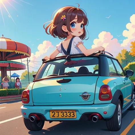 a girl is sitting on top of a car in a cartoon style